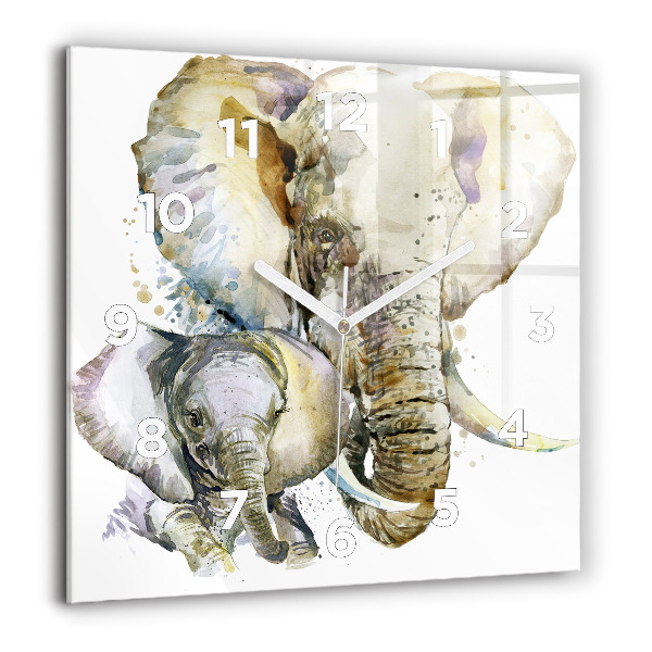 Square glass wall clock Painted animals elephants