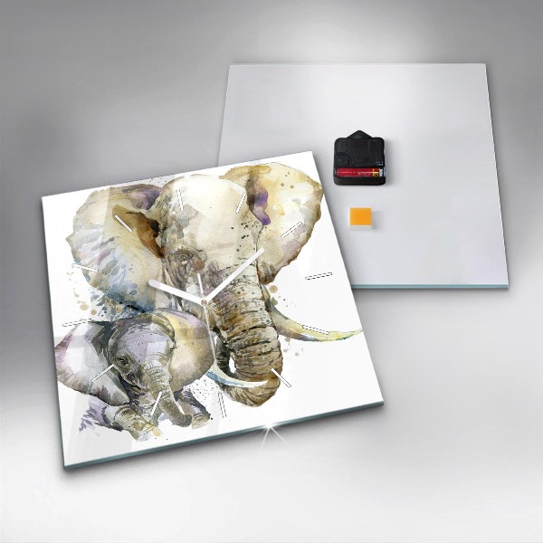 Square glass wall clock Painted animals elephants