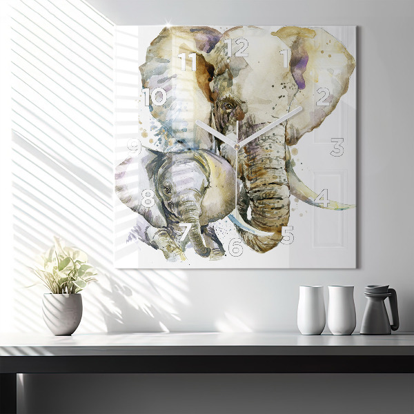 Square glass wall clock Painted animals elephants