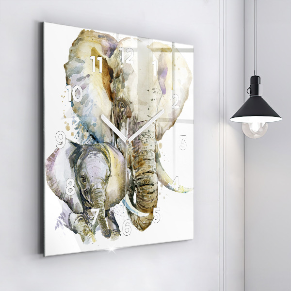 Square glass wall clock Painted animals elephants