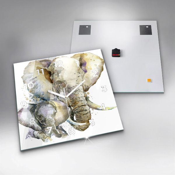 Square glass wall clock Painted animals elephants