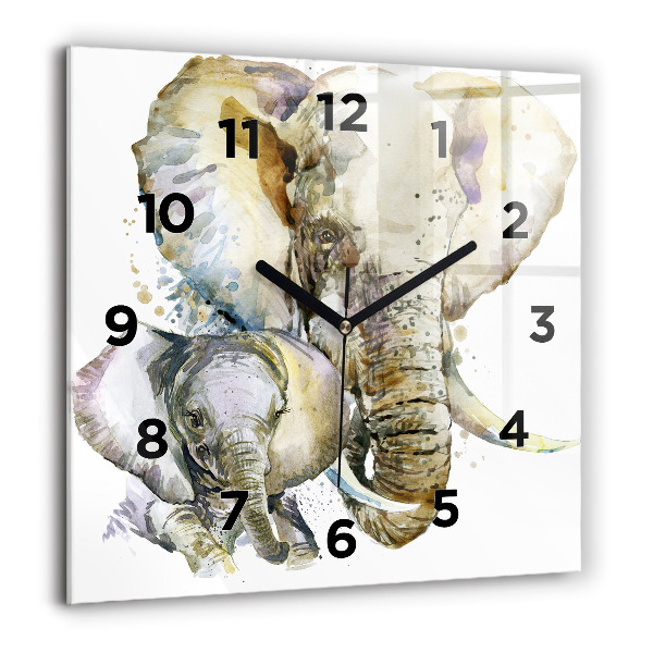 Square glass wall clock Painted animals elephants