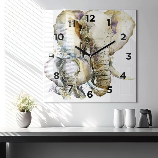 Square glass wall clock Painted animals elephants