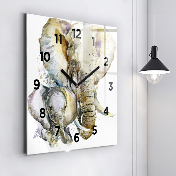 Square glass wall clock Painted animals elephants