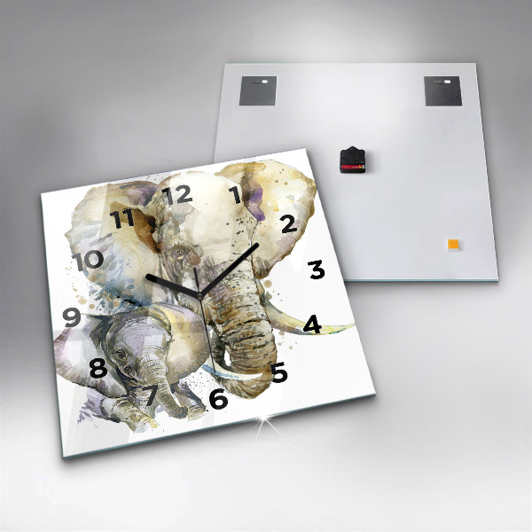 Square glass wall clock Painted animals elephants
