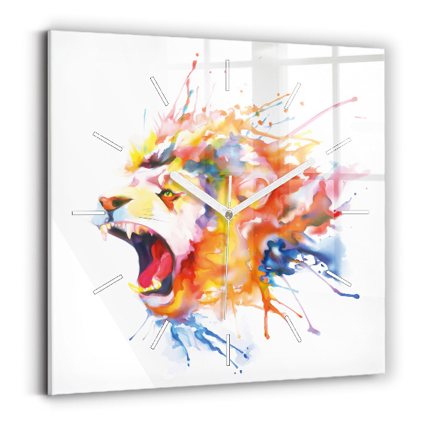 Square glass wall clock Lion - watercolor