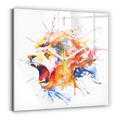 Square glass wall clock Lion - watercolor