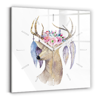 Square glass wall clock Deer head and flowers