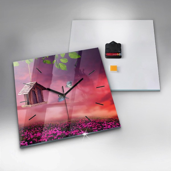 Square glass wall clock Birdhouse