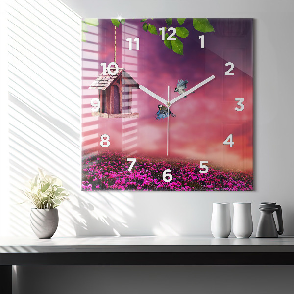Square glass wall clock Birdhouse