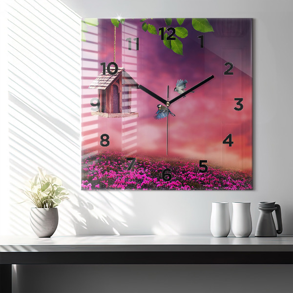 Square glass wall clock Birdhouse