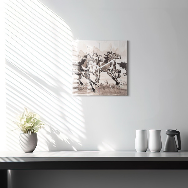 Square glass wall clock Galloping horses