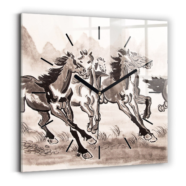 Square glass wall clock Galloping horses