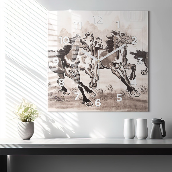 Square glass wall clock Galloping horses