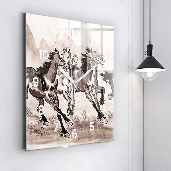 Square glass wall clock Galloping horses