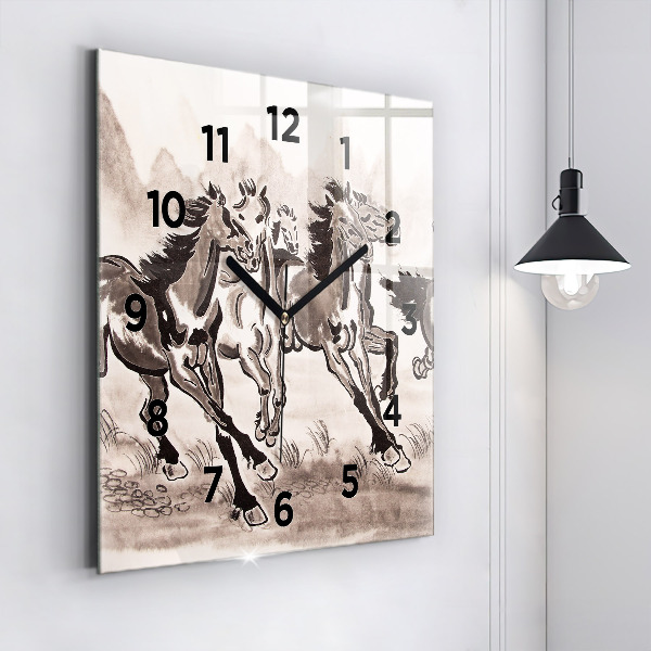 Square glass wall clock Galloping horses
