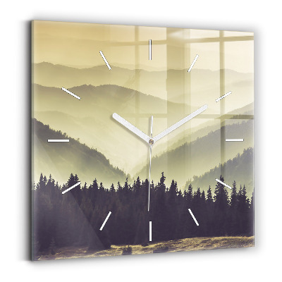 Square glass wall clock Misty mountain slopes