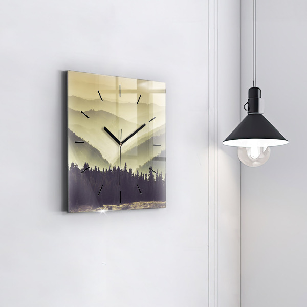 Square glass wall clock Misty mountain slopes
