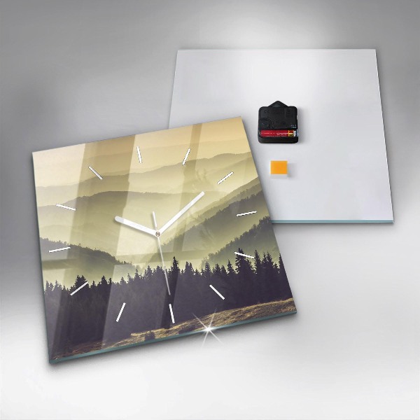 Square glass wall clock Misty mountain slopes