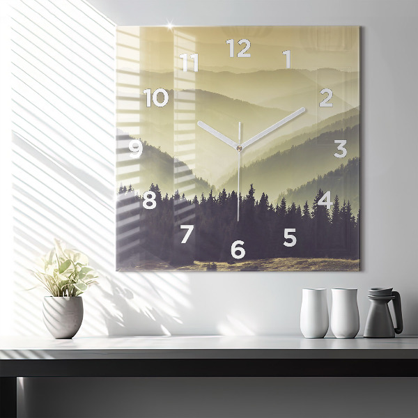 Square glass wall clock Misty mountain slopes
