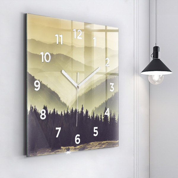Square glass wall clock Misty mountain slopes