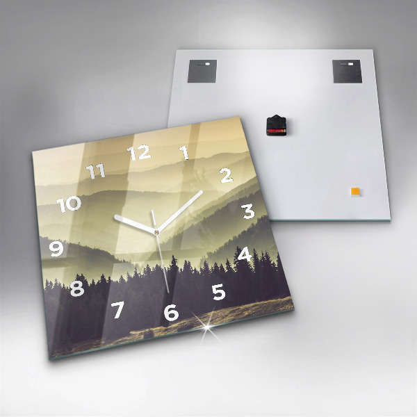 Square glass wall clock Misty mountain slopes