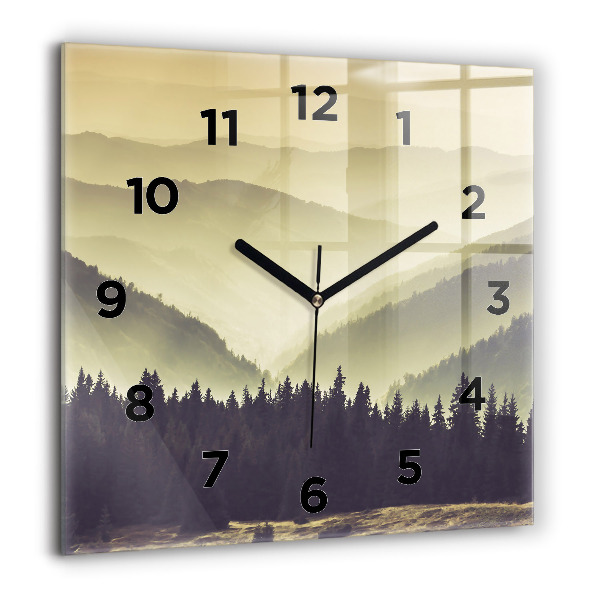 Square glass wall clock Misty mountain slopes