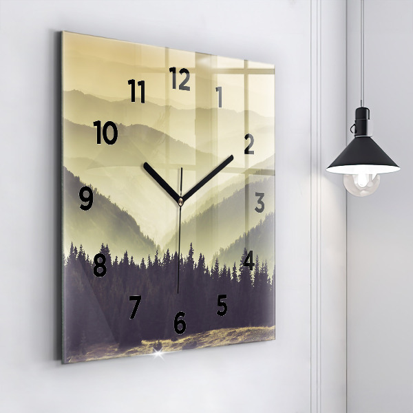 Square glass wall clock Misty mountain slopes
