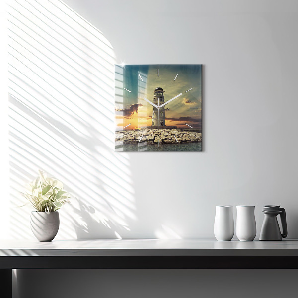 Square glass wall clock Lighthouse on the water