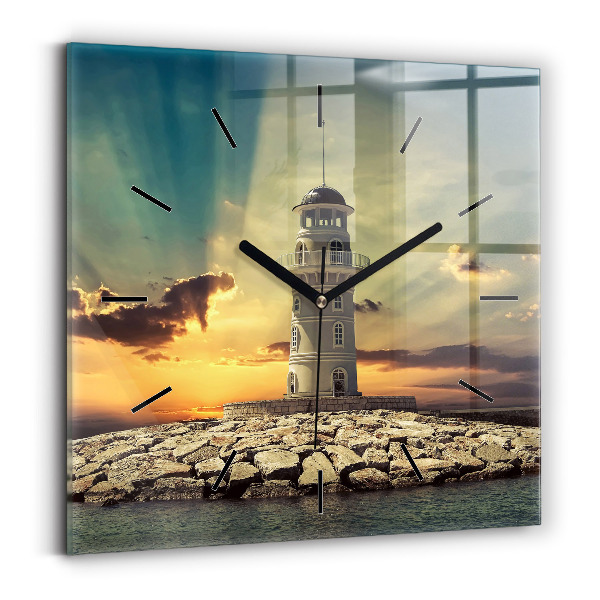 Square glass wall clock Lighthouse on the water
