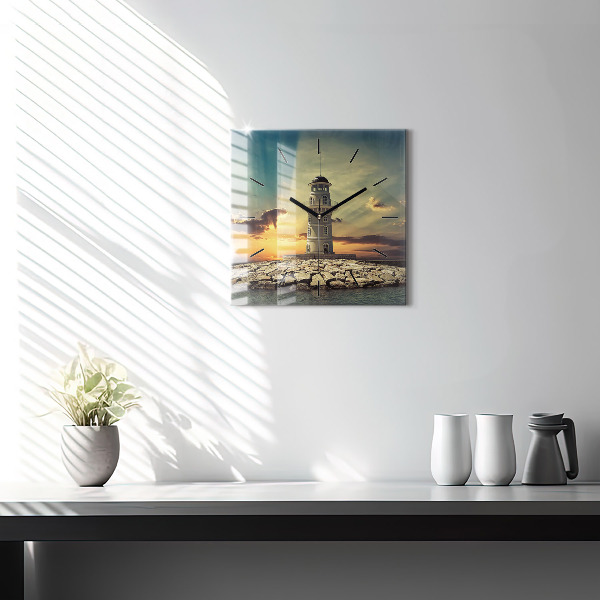 Square glass wall clock Lighthouse on the water