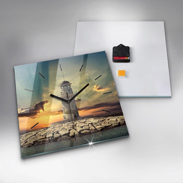 Square glass wall clock Lighthouse on the water