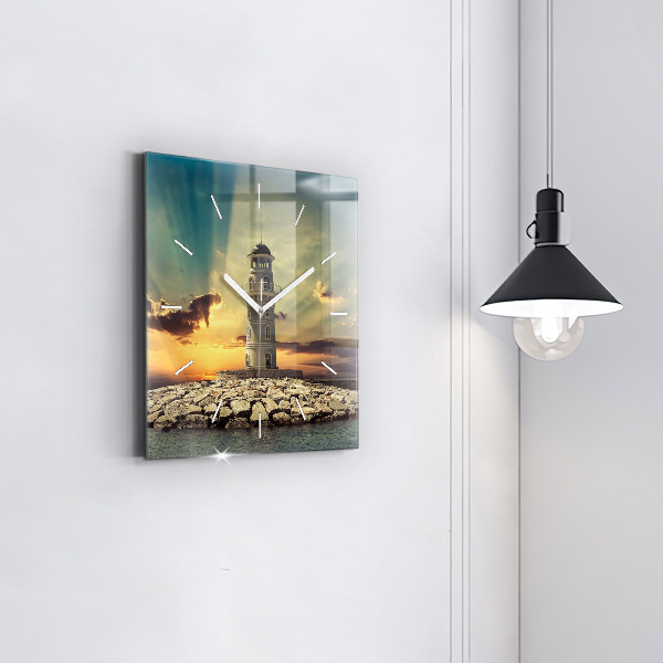 Square glass wall clock Lighthouse on the water