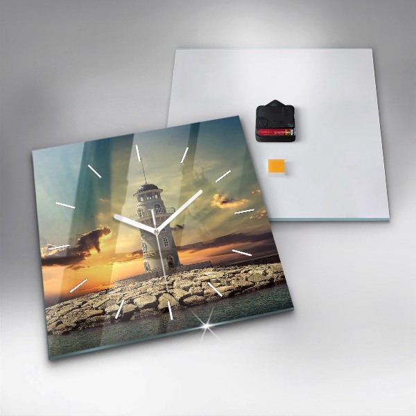 Square glass wall clock Lighthouse on the water