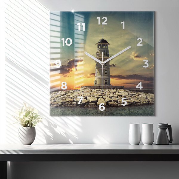 Square glass wall clock Lighthouse on the water
