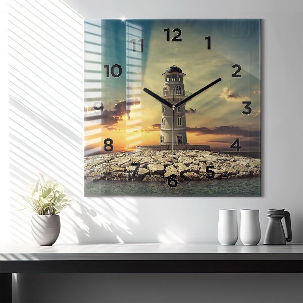 Square glass wall clock Lighthouse on the water