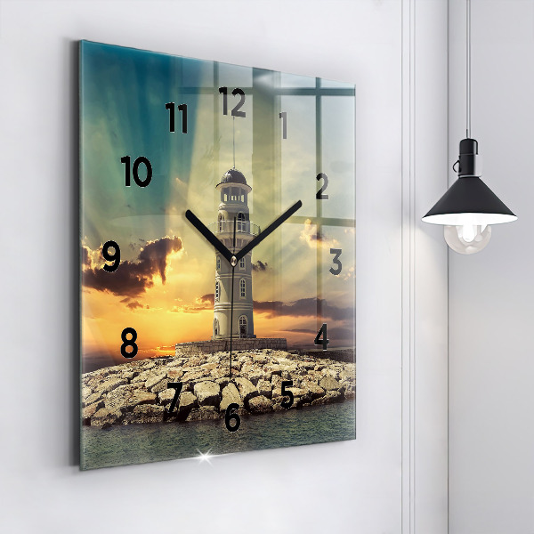 Square glass wall clock Lighthouse on the water