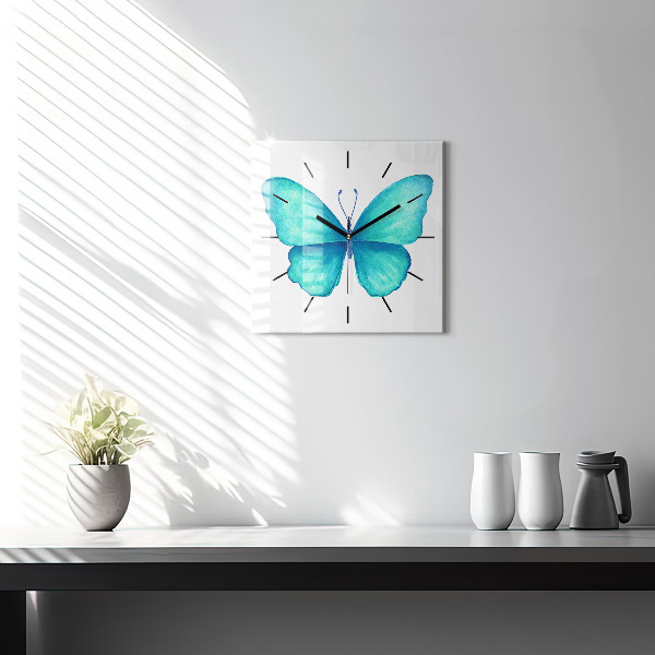 Square glass wall clock Turquoise Summer Butterfly