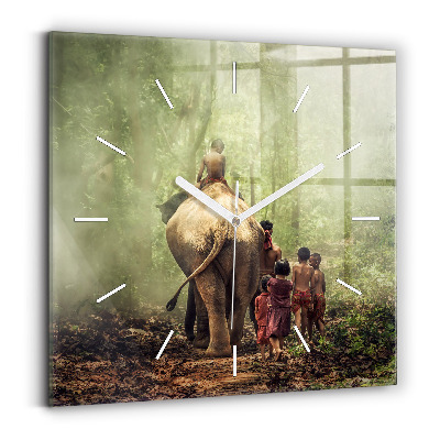 Square glass wall clock Children leading an elephant
