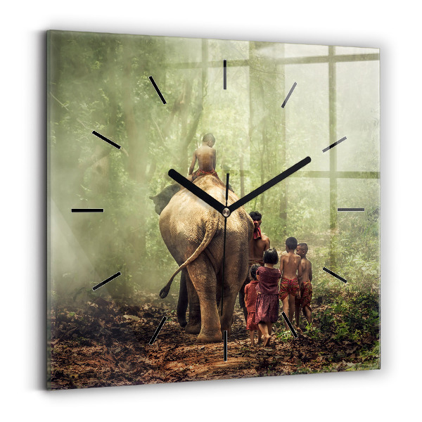 Square glass wall clock Children leading an elephant