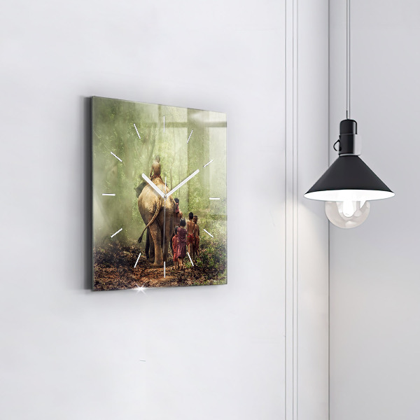 Square glass wall clock Children leading an elephant
