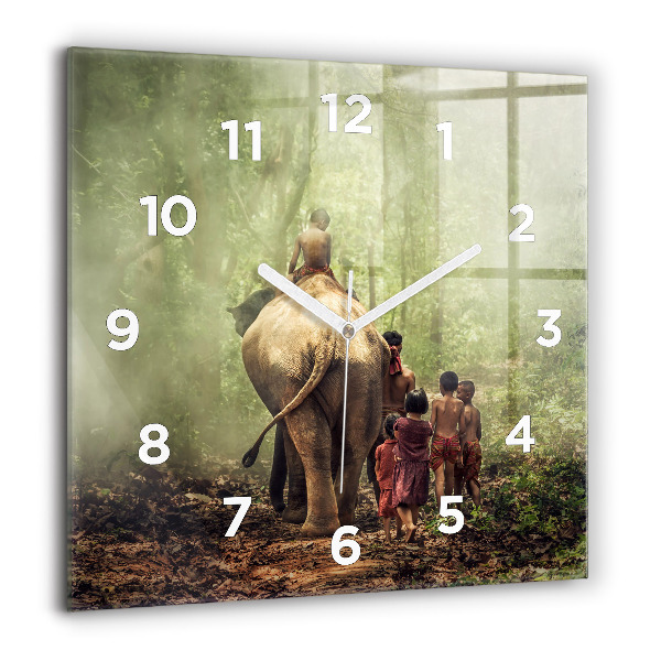 Square glass wall clock Children leading an elephant