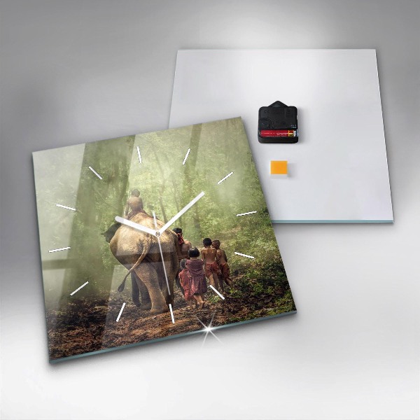 Square glass wall clock Children leading an elephant