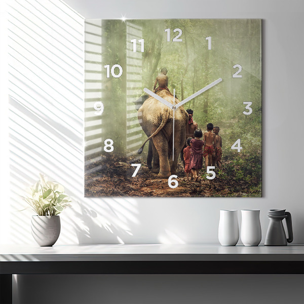Square glass wall clock Children leading an elephant