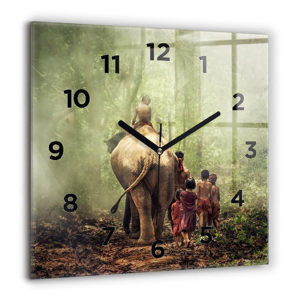 Square glass wall clock Children leading an elephant