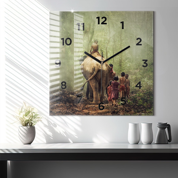 Square glass wall clock Children leading an elephant