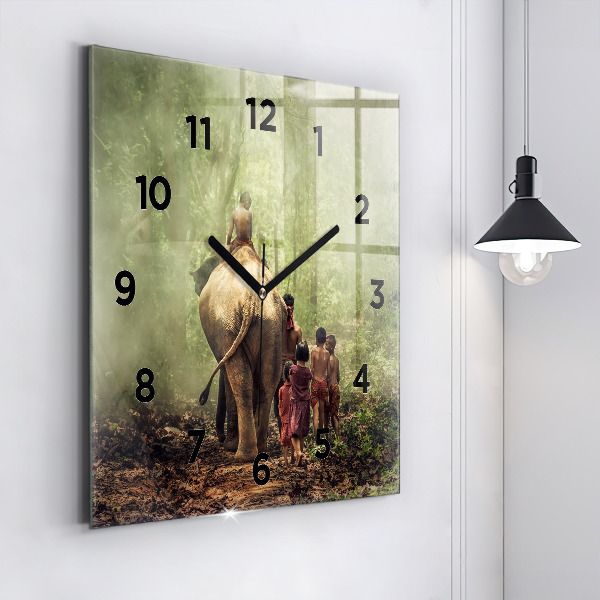 Square glass wall clock Children leading an elephant