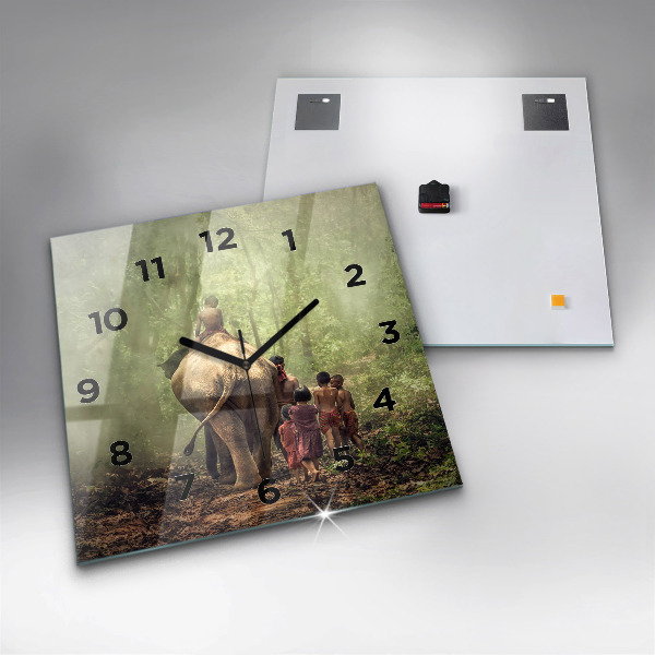Square glass wall clock Children leading an elephant