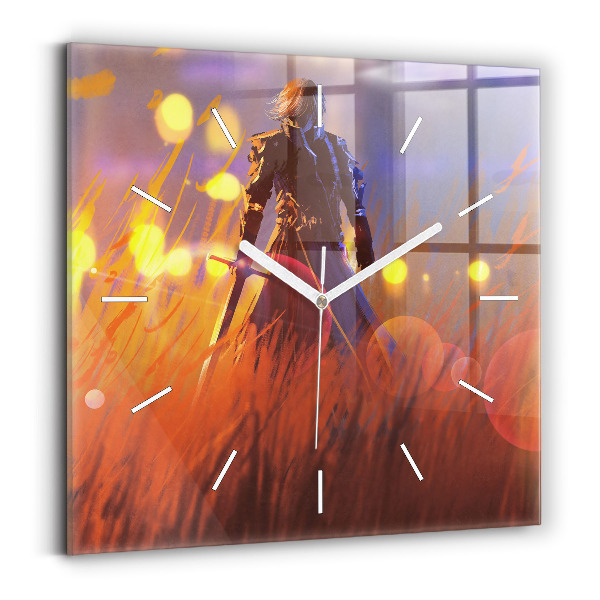 Square glass wall clock Knight with a sword