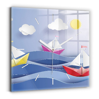 Square glass wall clock Origami colorful sailboats